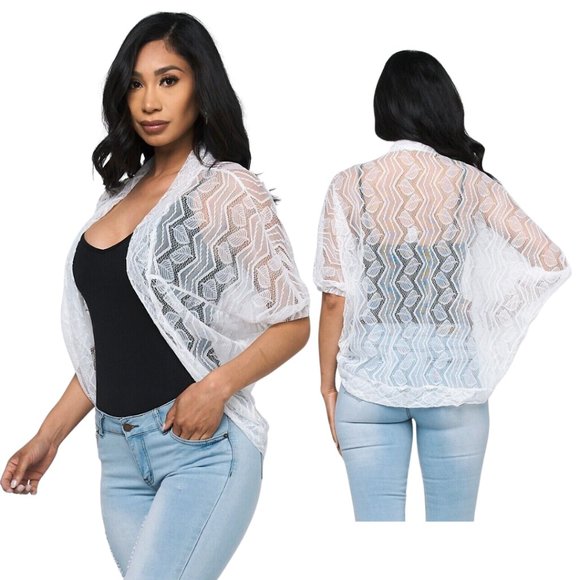 Michel Tops - NWT White Bolero Shrug Cardigan Lace Leaf Print Half Sleeve  One Size fits S-L